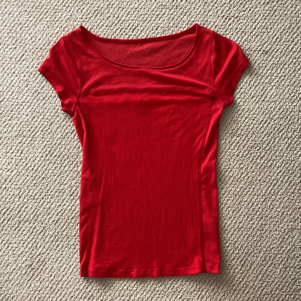 EXPRESS Red Mesh Top Blouse Shirt T-Shirt Size XS Stretchy Soft Scoop Neck EUC